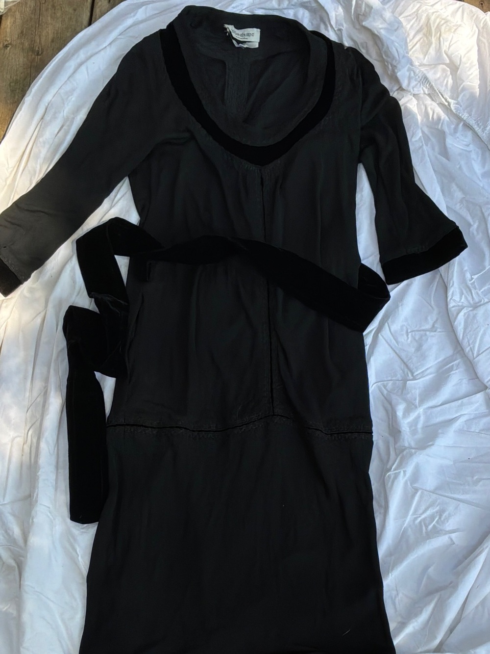 Yves Saint Laurent Black Velvet-Trim Midi Dress